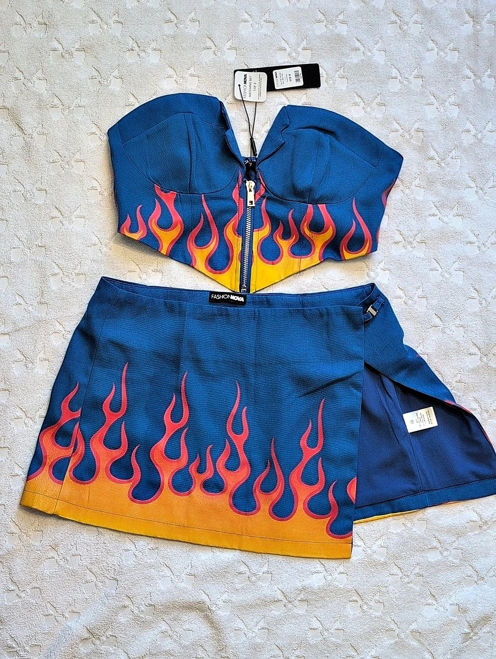 FASHION NOVA Into The Flames Mini Skirt Set Blue & Orange Medium